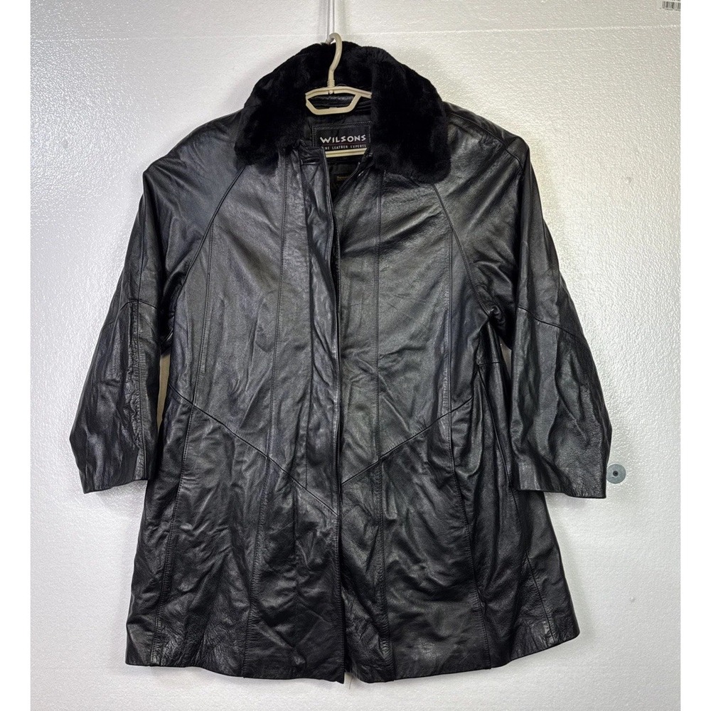 Wilsons 100% Leather Coat Womens Sz Med Black Faux Fur Collar Removable Lining